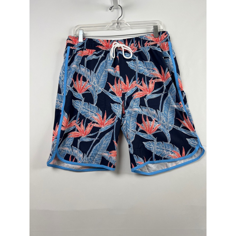 St. John's Bay Swim Trunks Men Medium Navy Blue Tropical Bird of Paradise 9" New